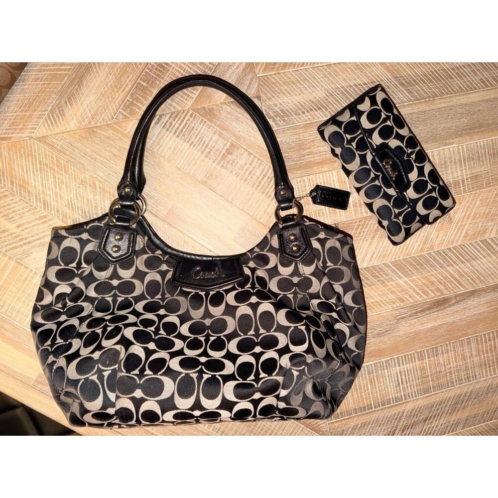 Coach Ashley Hobo tote w/ Matching Checkbook Wallet Black Gray F23921 Canvas